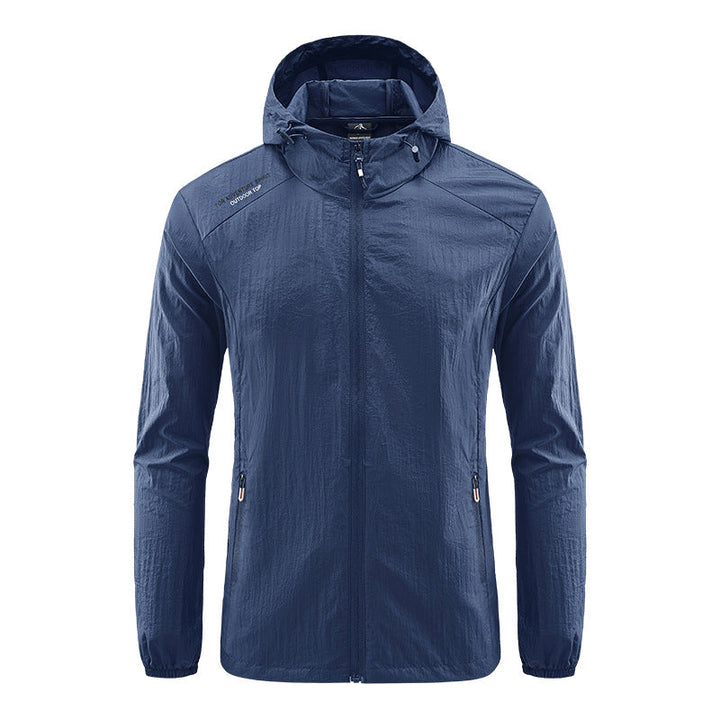 Sporty men's ultralight hooded jacket, featuring wind & sun protection. Perfect for hiking, running, & active travel.