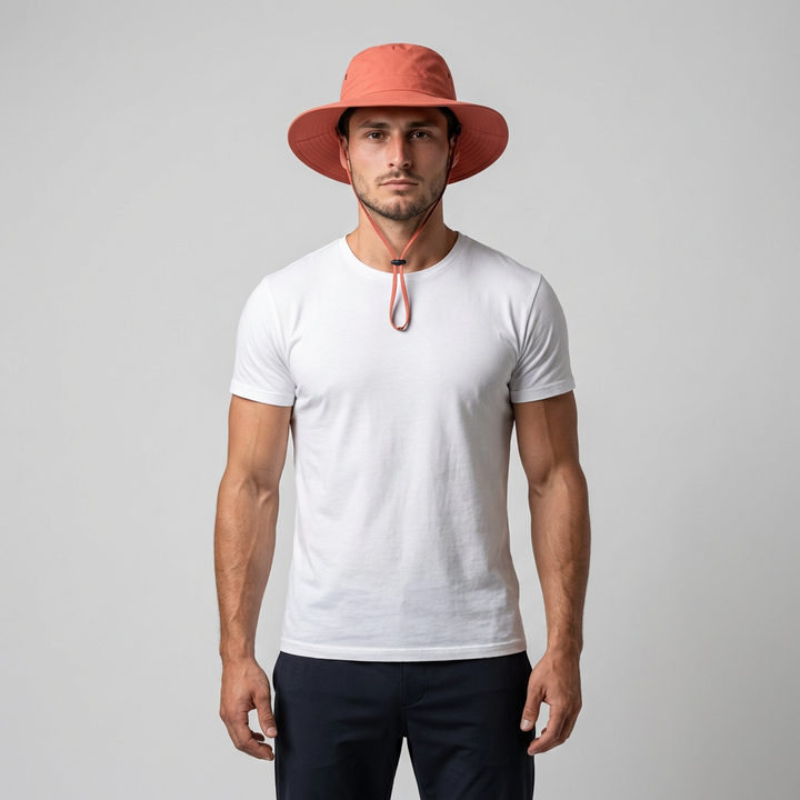 Grey men's UPF 50+ wide-brim fishing hat, perfect for long days on the water & sun protection.