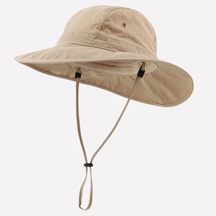 Men's travel-friendly wide-brim sun hat with UPF 50+ protection, essential for any sunny trip.