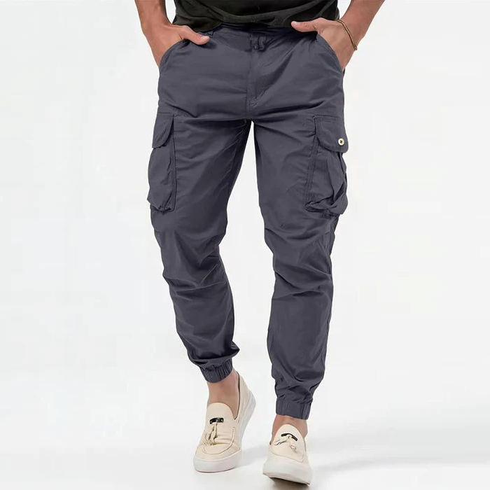 Men's urban cargo joggers, modern streetwear style, multiple functional pockets & comfortable elastic waist.
