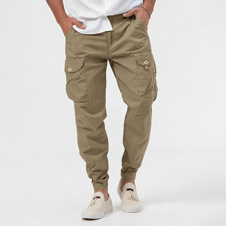 Comfortable men's cargo trousers, multi-pocket design, elastic waist, ideal for daily casual wear & urban style.