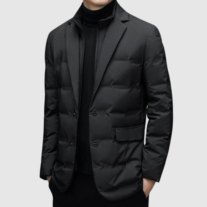 Stylish men's fall jacket, quilted button-front, urban fashion outerwear.