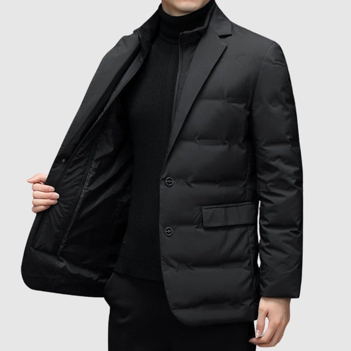 Warm men's winter quilted jacket with buttons, tailored for urban style.