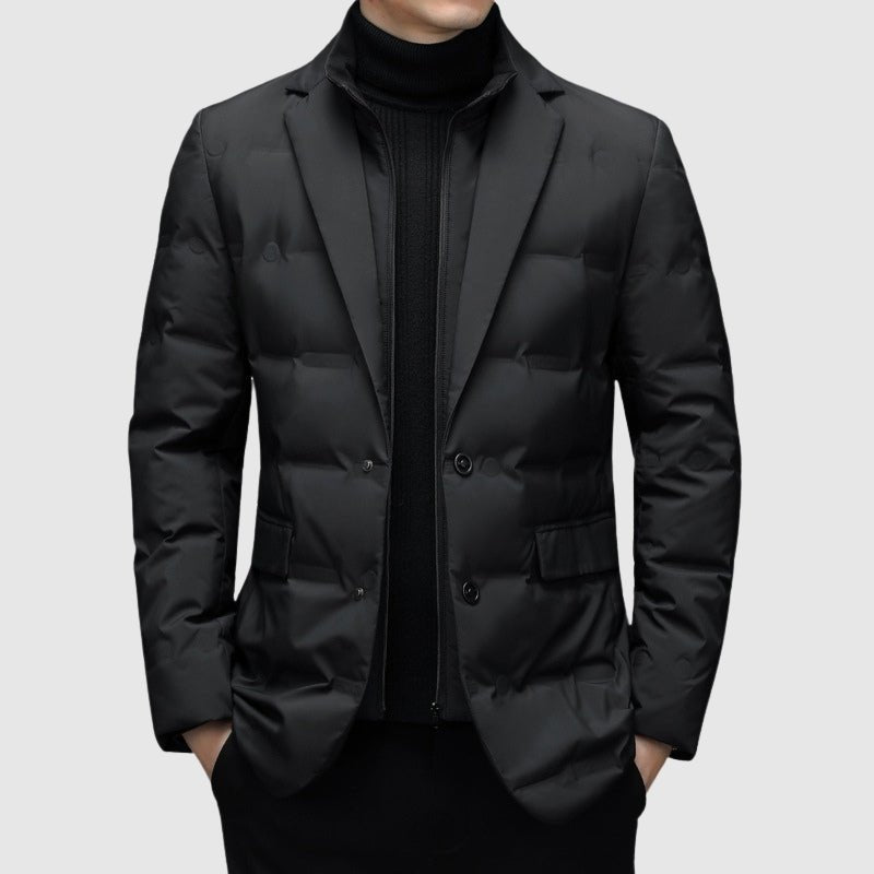Men's sleek urban quilted jacket with button closure, perfect for fall and winter style.