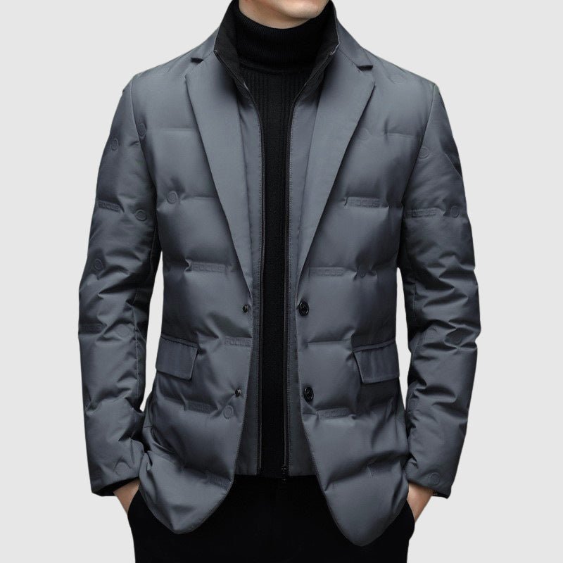 Sharp men's tailored quilted button jacket, embodying modern urban fall fashion.