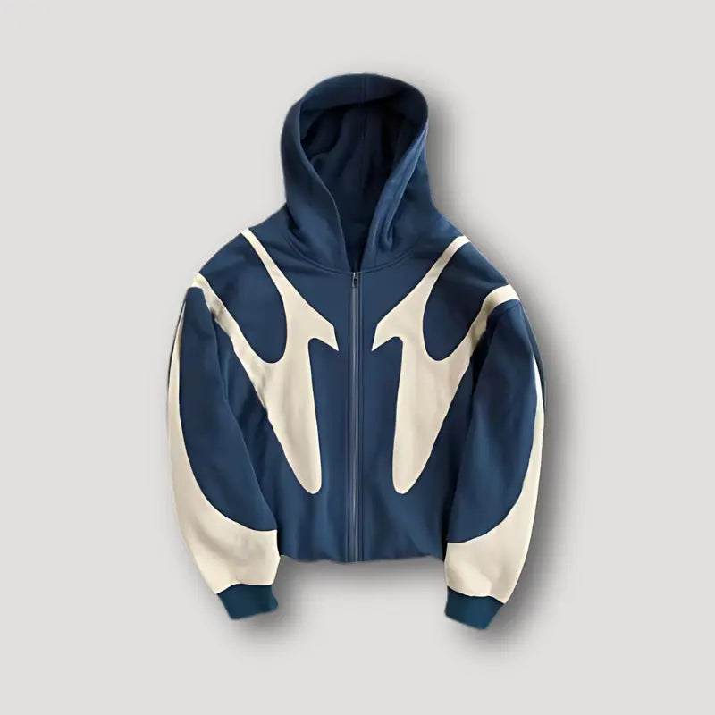 Men's urban streetwear zip hoodie with trendy patchwork design, perfect for casual layering.