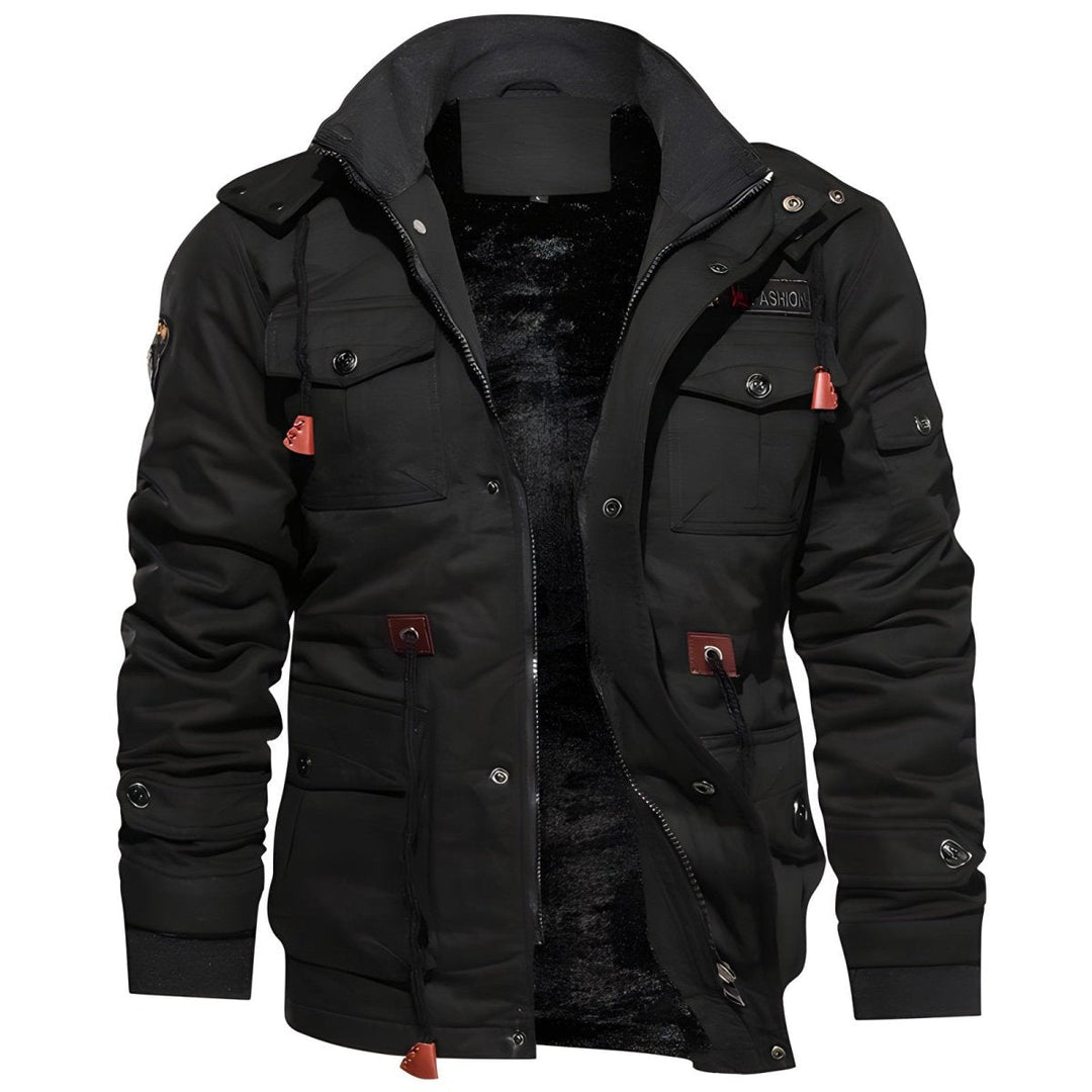 Everyday men's outerwear: a hooded utility jacket featuring multiple storage pockets and an urban aesthetic.