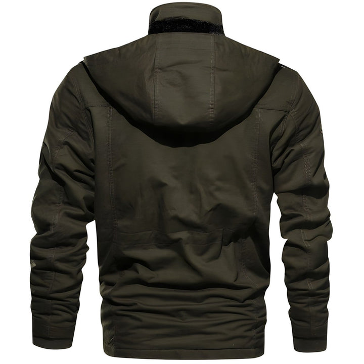 Hooded utility jacket for men, featuring multiple functional pockets and a stylish urban design.