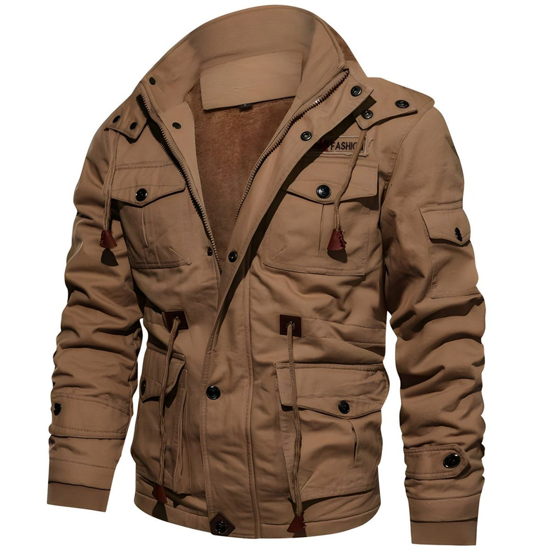 Versatile men's multi-pocket outerwear, a zip-up hooded utility jacket for urban style & comfort.