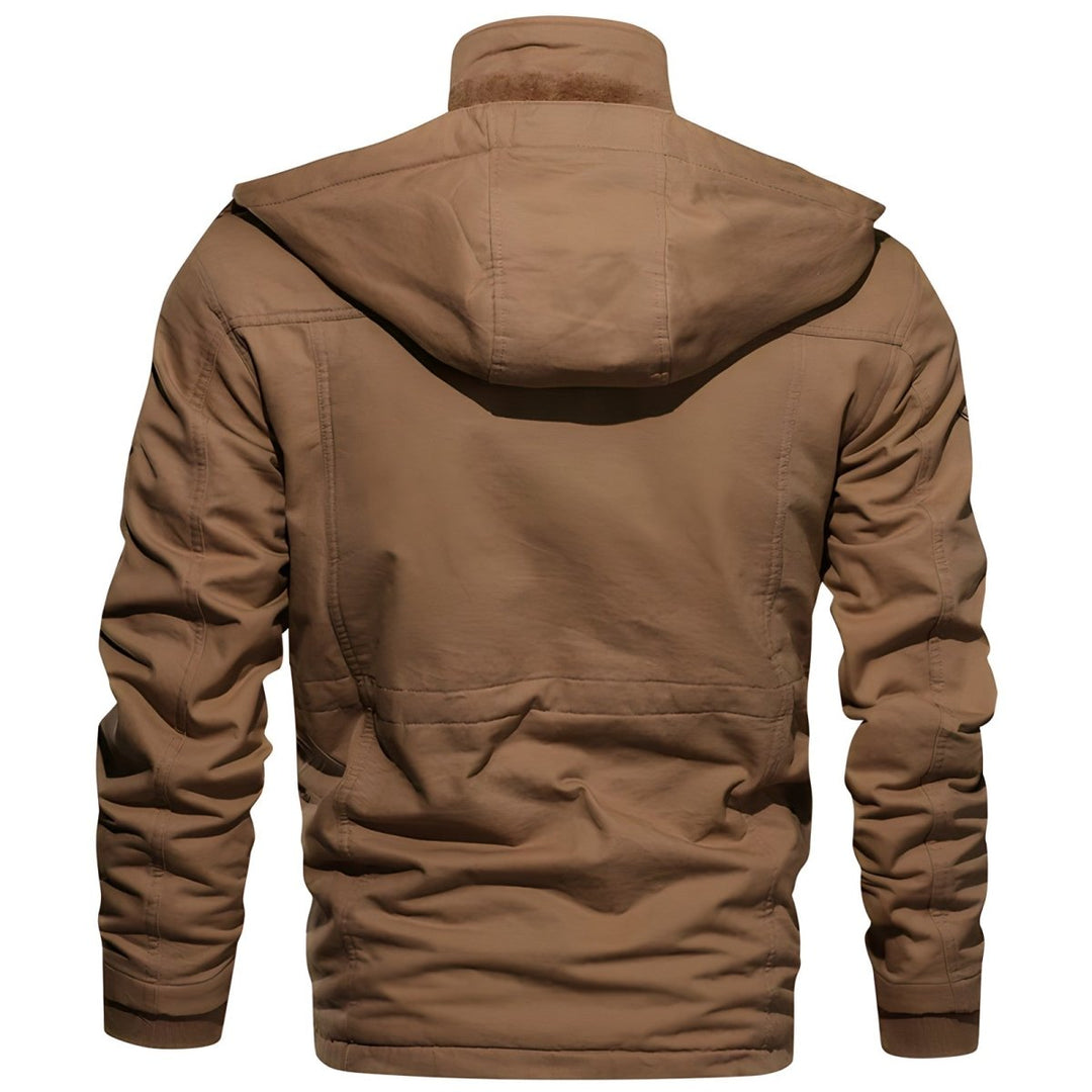 Casual men's hooded jacket with an adjustable fit, robust multi-pocket design for everyday wear.
