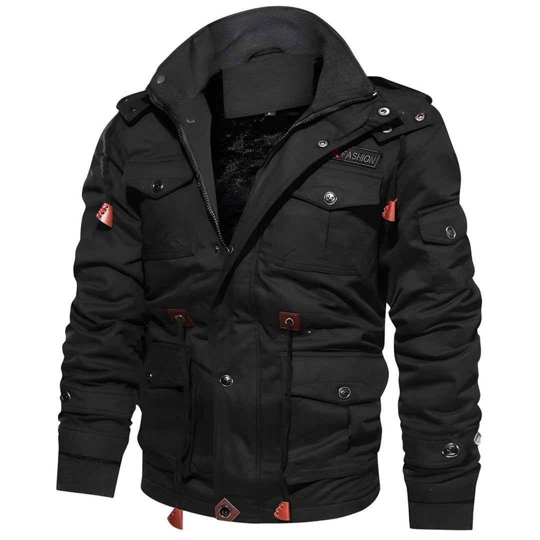 Front view of a men's urban utility jacket, showcasing hood, zipper, and various practical pockets.