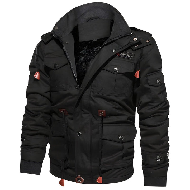 Front view of a men's urban utility jacket, showcasing hood, zipper, and various practical pockets.
