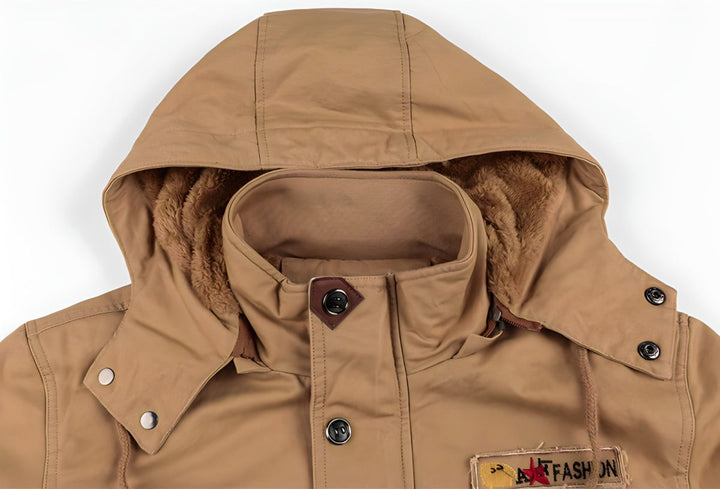 Men's fashion outerwear: a sturdy multi-pocket hooded jacket, ideal for urban adventures.