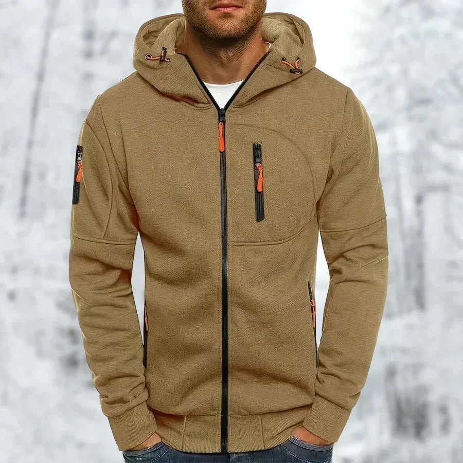 Men's urban zip hooded jacket with multiple pockets for street wear and casual style.