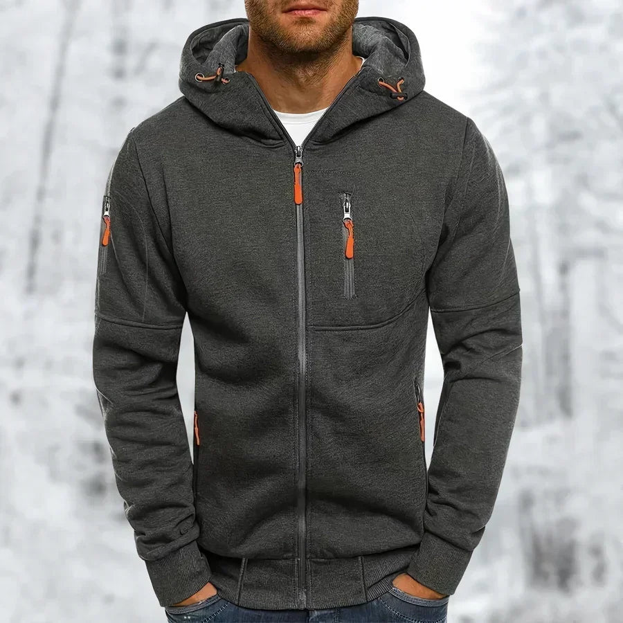 Versatile men's multi-pocket zip-up hooded jacket, ideal lightweight outerwear for urban activewear.