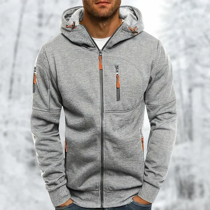 Stylish men's urban hooded jacket, full-zip design with practical pockets for everyday street fashion.