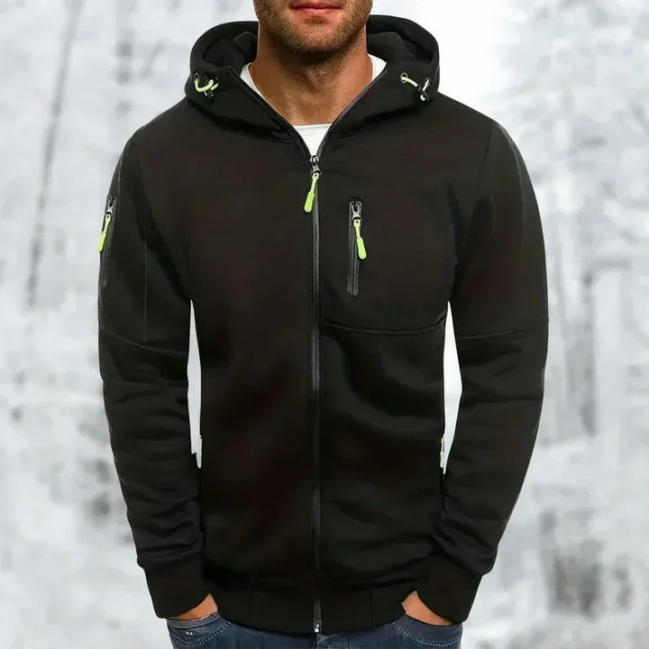 Comfortable men's all-season hooded jacket, lightweight zip-front with ample multi-pockets.
