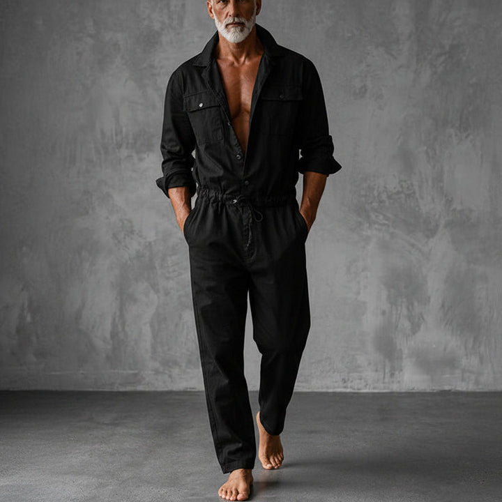 Practical men's utility jumpsuit, a one-piece outfit with drawstring waist & multiple cargo pockets for everyday wear.