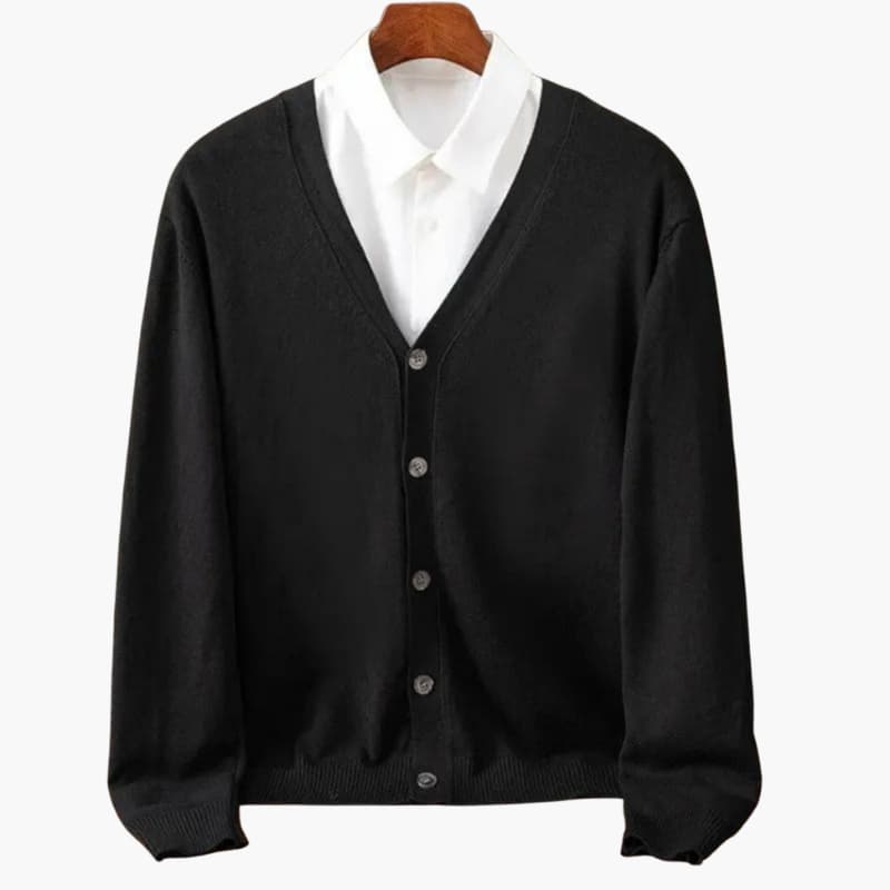 Men's V-neck button-front cardigan in soft knit, ideal for versatile layering & casual wear. Classic menswear style.
