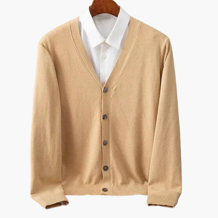 Comfortable men's button-front V-neck cardigan. Soft knitwear for versatile layering & classic everyday fashion.