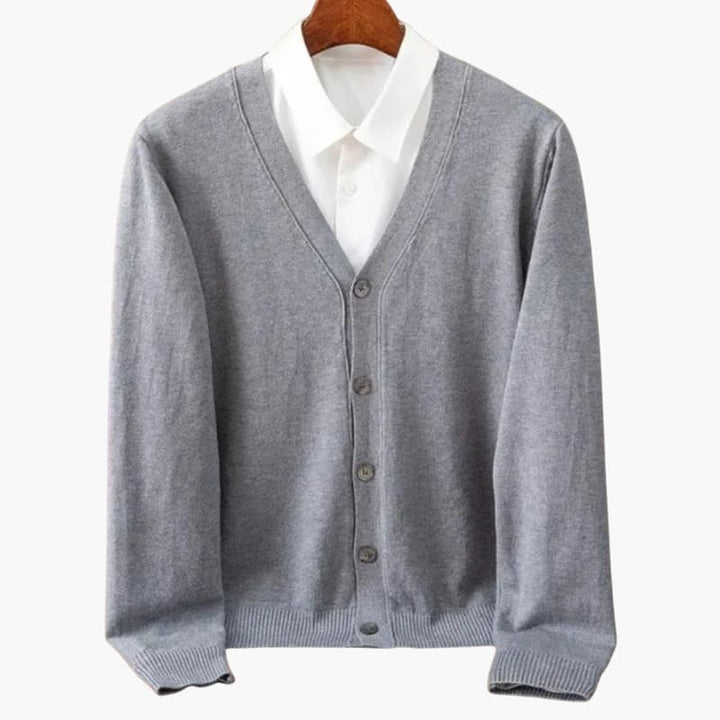 Menswear V-neck button-front cardigan, a versatile knit for layering. Enhance your casual style effortlessly.