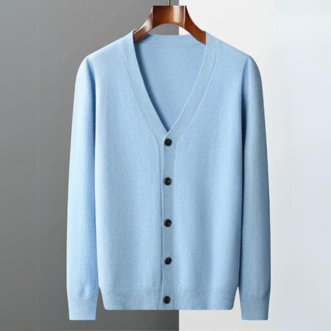 Relaxed fit men's V-neck cardigan with full button front. A comfortable, long-sleeve sweater for men.