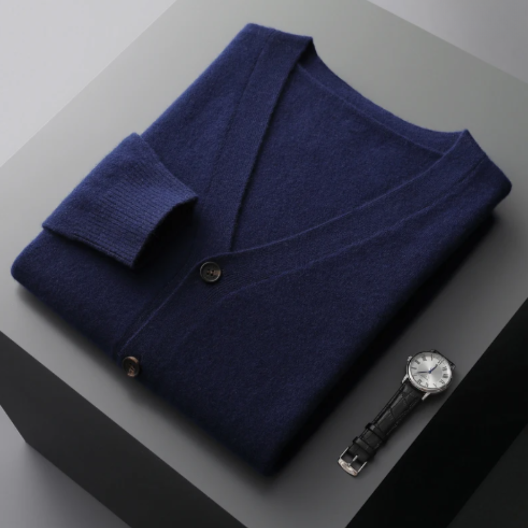 Stylish men's V-neck cardigan for smart casual outfits. Button-front design, essential for fall fashion.