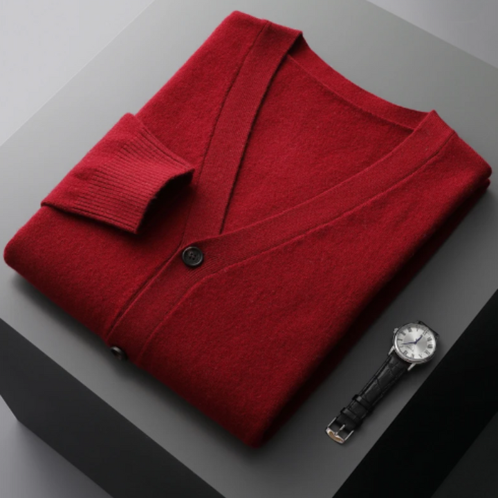 Versatile men's V-neck cardigan sweater, ideal for fall layering. Button-front, long-sleeve comfort.