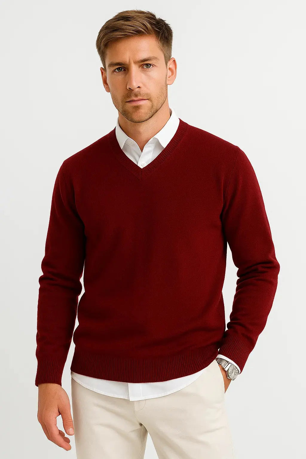 Classic V-neck men's knit sweater, minimalist design, versatile for smart casual or layering.