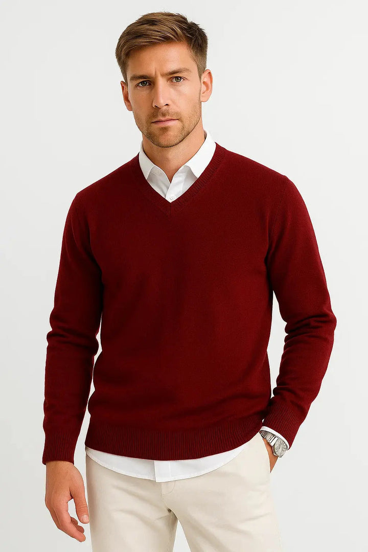 Classic V-neck men's knit sweater, minimalist design, versatile for smart casual or layering.