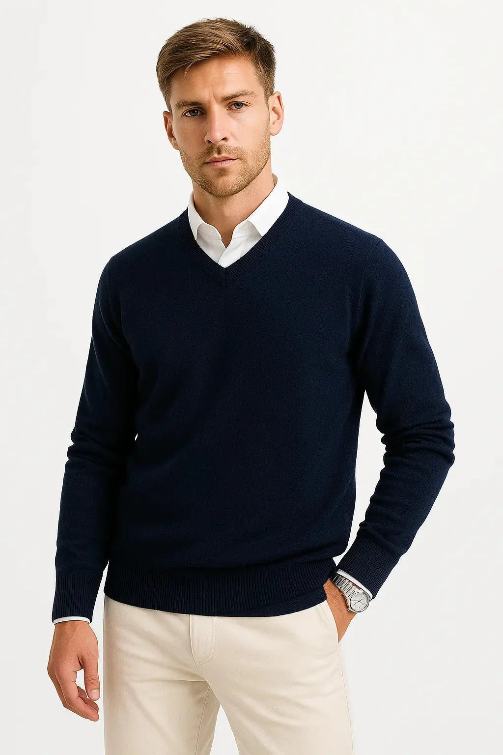 Men's lightweight V-neck knit top, essential for spring/autumn layering and smart casual style.