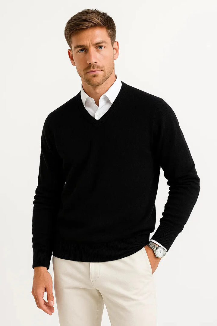 Breathable V-neck men's knit sweater, lightweight fabric for stylish layering in any season.