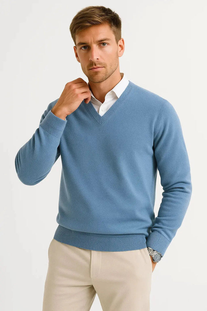 Timeless men's V-neck sweater, lightweight knit for comfortable layering with a minimalist design.