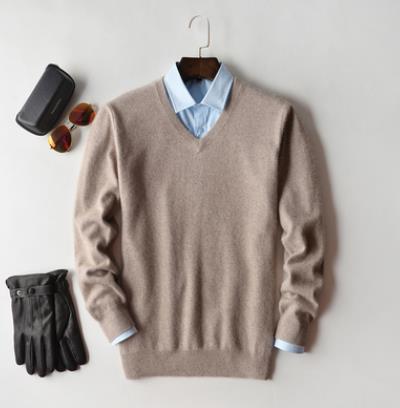 Modern men's V-neck knit long sleeve sweater, suitable for both casual and semi-formal looks.