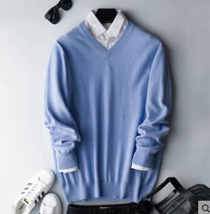 Stylish men's V-neck long sleeve sweater in a comfortable knit fabric for casual style.