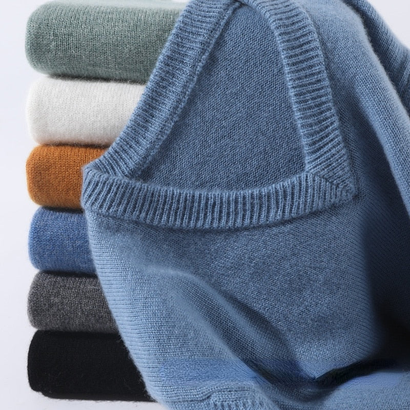 Versatile men's V-neck long sleeve knit sweater, great for layering in cooler weather.