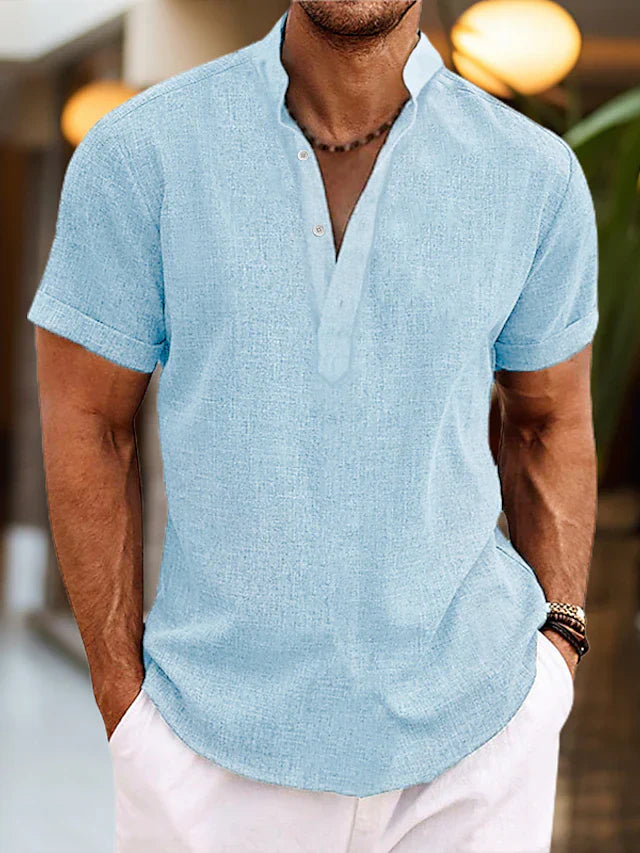 Versatile men's V-neck polo with button placket, ideal for smart casual & summer fashion.
