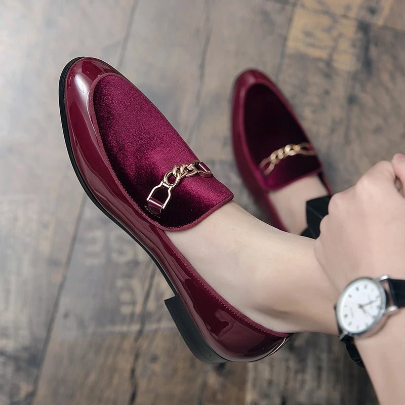 Men's velvet orthopedic loafers with gold chain slip-on. Elegant & comfortable formal footwear.
