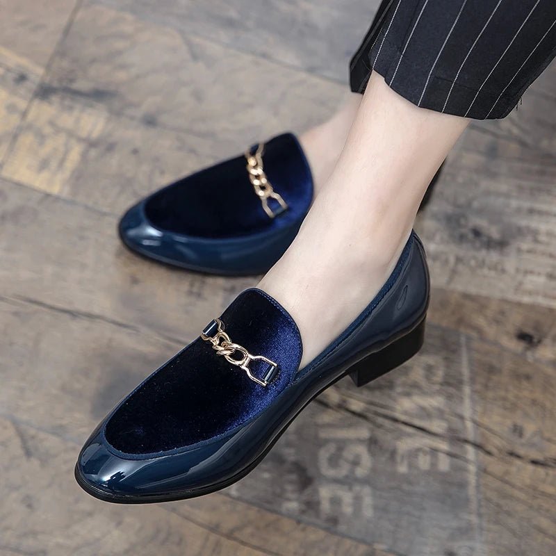 Stylish men's velvet loafers with gold chain. Orthopedic slip-on design, perfect for smart casual or formal.