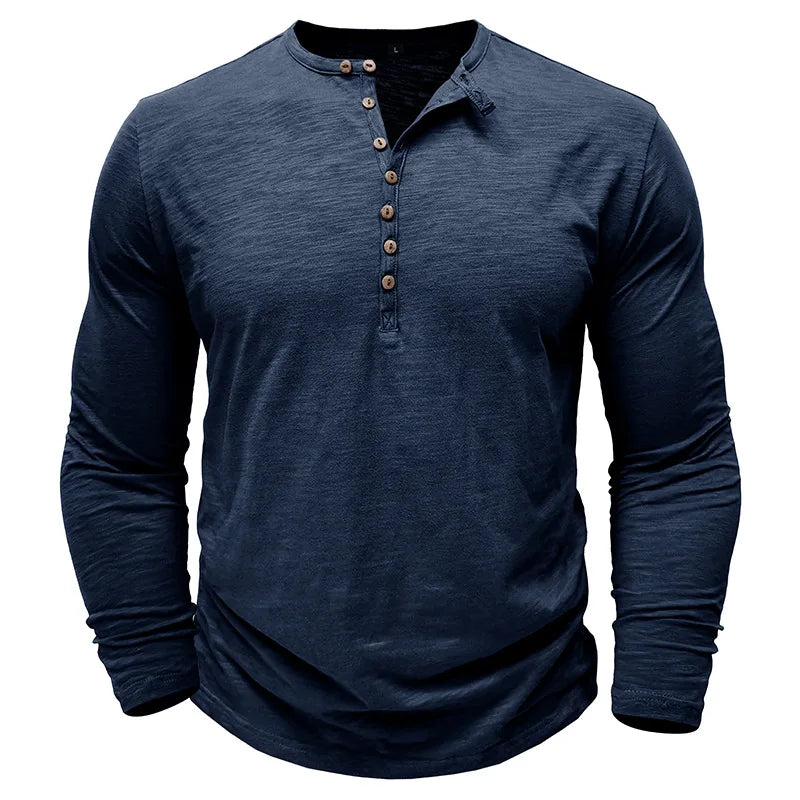 Back view of men's classic fit long-sleeve henley shirt. Versatile for smart casual or everyday fashion.