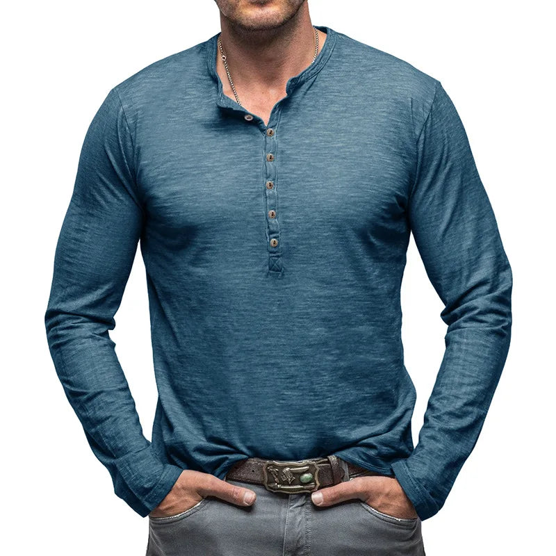 Versatile men's long-sleeve henley shirt, 7-button placket. Great for layering or everyday fashion.