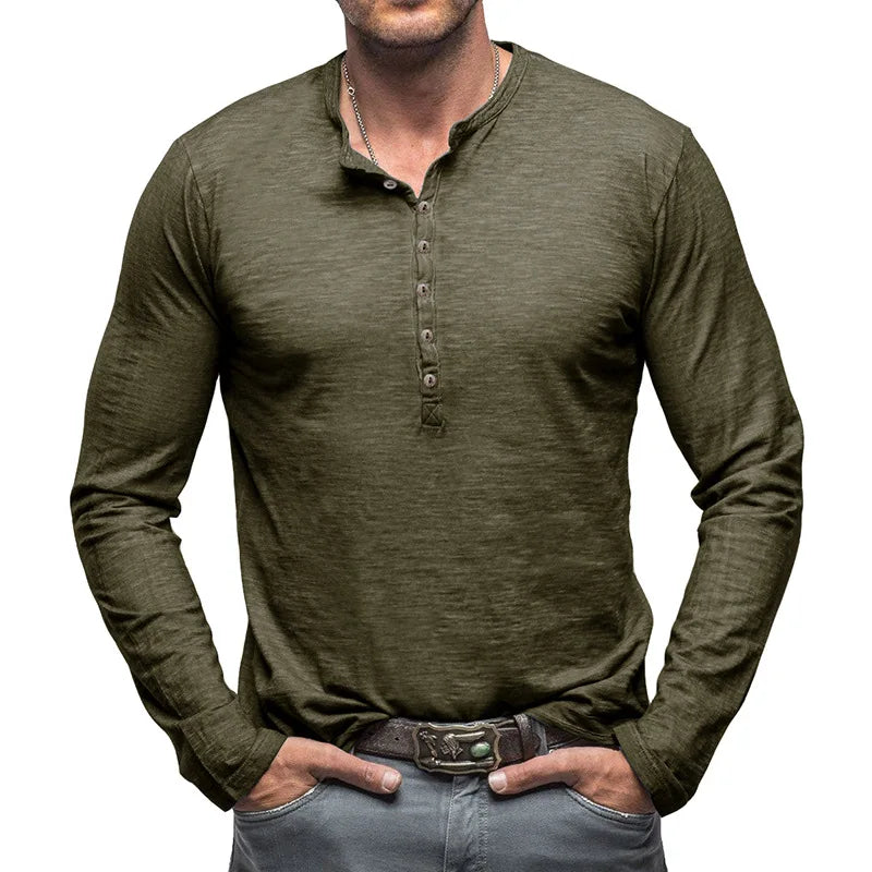 High-quality men's 7-button henley shirt, classic fit, long sleeves for lasting comfortable everyday wear.
