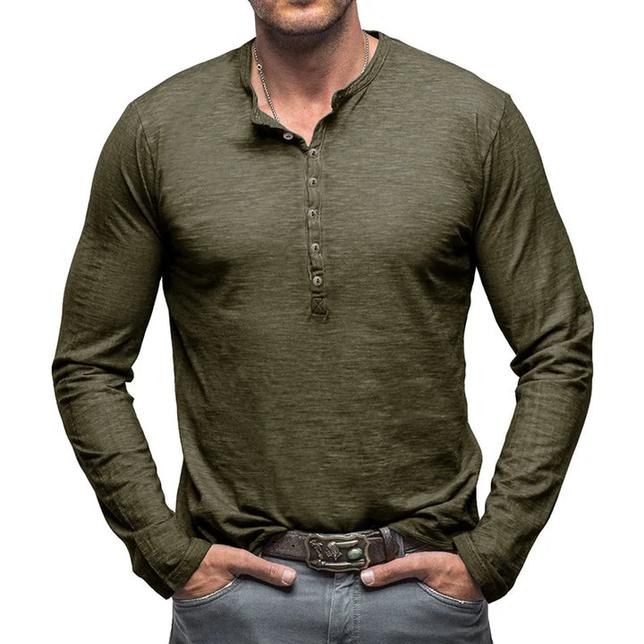 High-quality men's 7-button henley shirt, classic fit, long sleeves for lasting comfortable everyday wear.