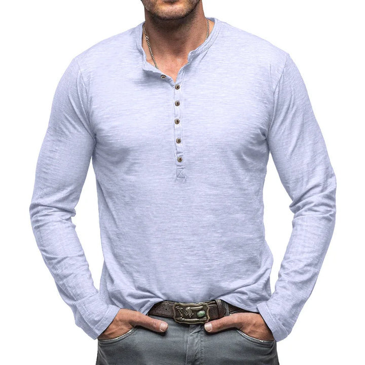 Detailed view of men's 7-button henley, long sleeves & classic fit. Ideal for smart casual versatile style.