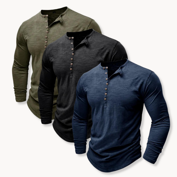 Man's everyday outfit featuring a versatile 7-button henley shirt. Long sleeve, comfortable classic fit.