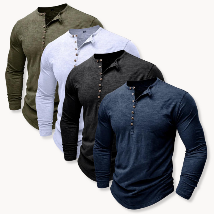 All-season men's long-sleeve henley shirt, 7-button placket. Comfortable, classic fit for versatile style.