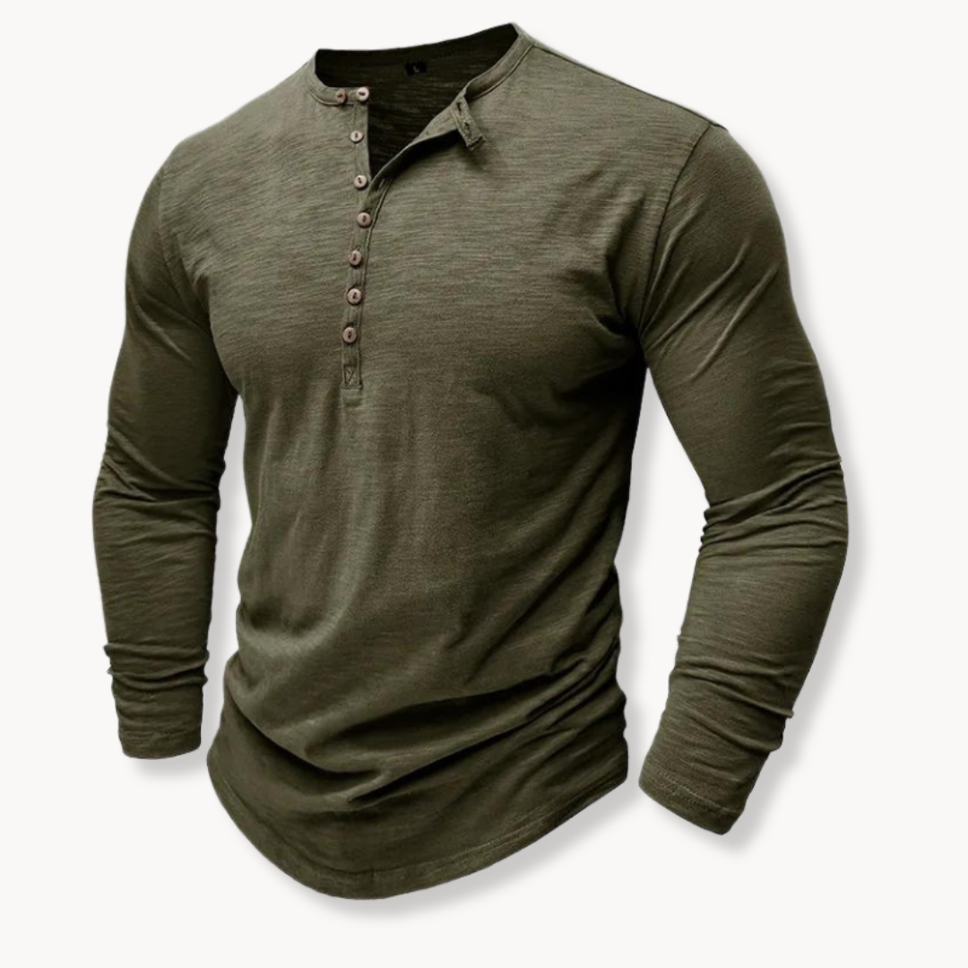 Front view of men's versatile 7-button henley shirt. Long-sleeve, classic fit for everyday fashion.