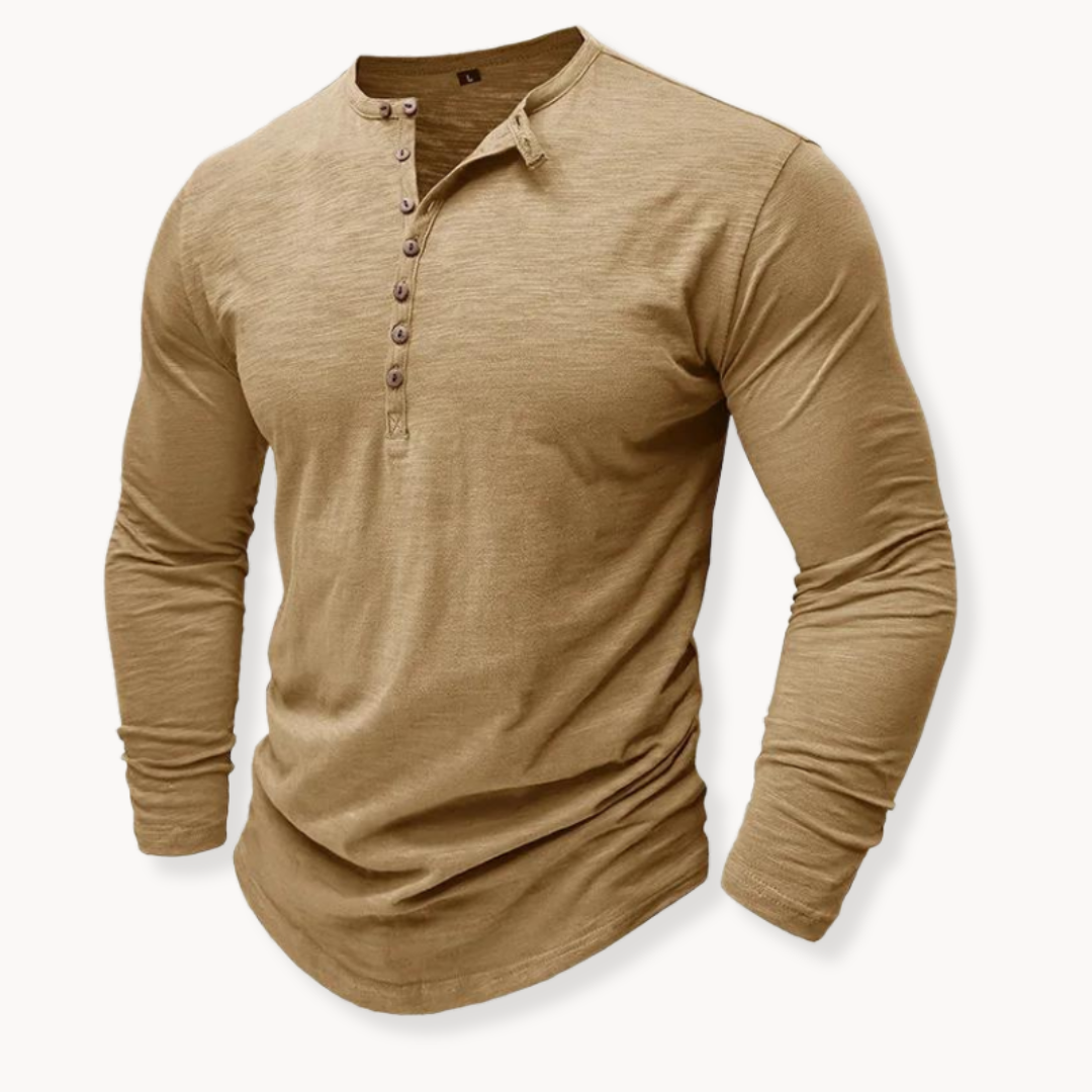 Stylish men's long-sleeve henley shirt with 7-button placket. Versatile, comfortable classic fit for men's fashion.