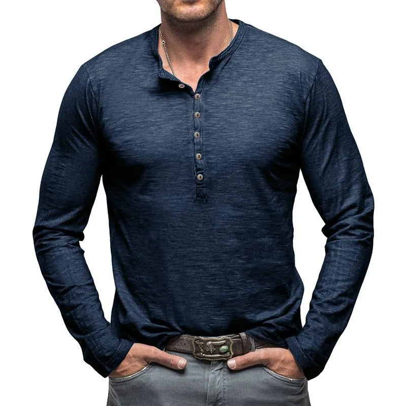 Close-up of 7-button placket on men's versatile long-sleeve henley shirt. Classic fit casual top.