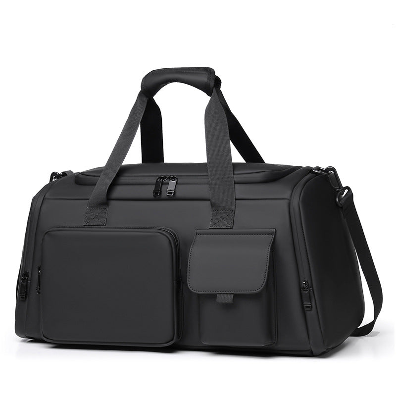 Stylish men's travel and gym duffel bag with organized compartments. Durable, water-repellent, ideal for active use.